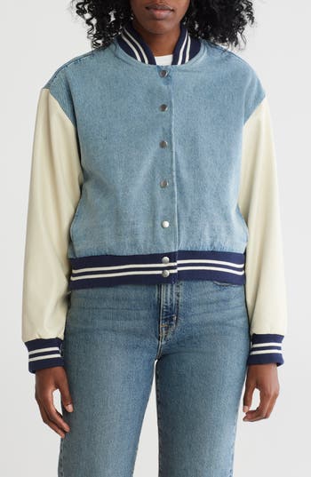 Steve Madden Faux Leather & Denim Varsity Jacket in Blue Frosting at Nordstrom Rack, Size X-Small