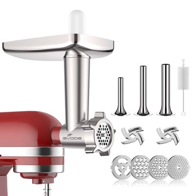 Gvode - Meat Grinder Attachment, Compatible with KitchenAid®, 4 Plates, 3 Sausage Tubes & 2 Blades - Silver