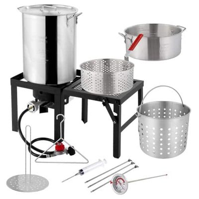 Winado - 4PCS 30QT Turkey Fryer 10QT Fish Fryer with Propane Burner Stand, Deep Pot Thermometer Turkey Rack Lifter for Outdoor - Silver