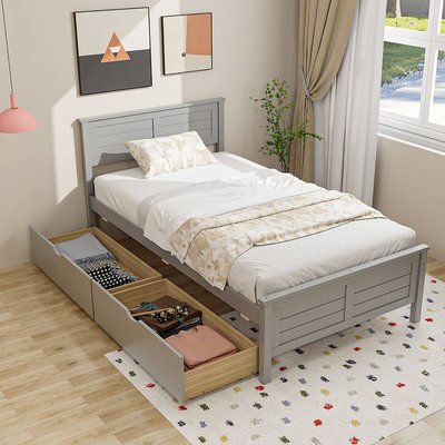 Gymax - Twin Size Wooden Bed Frame w/ 2 Storage Drawers & Under-bed Storage - Gray