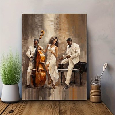 blue - Art Deco Modern Jazz Club Canvas Wall Art Print with Oil Painting Effect - Contemporary Music Themed Poster, Wrapped Ca - Color:12*8inch