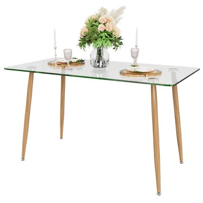 Costway - Modern Glass Dining Table Rectangular Dining Room Table W/Metal Legs For Kitchen - Transparent, Natural