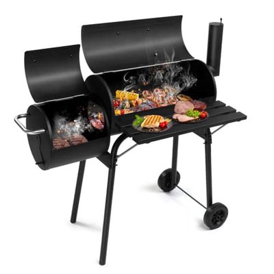 Winado - 24in Portable Barrel Charcoal Grill, Offset Smoker with Side Table and Wheels for Outdoor Grilling, Backyard Cooking - Black