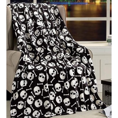 Noble House - Plazatex Skull Bones Micro Plush Decorative Halloween Throw Blanket 50" X 60" Black And White - Black & white