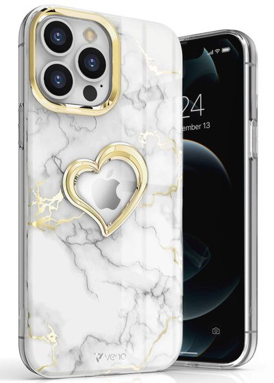 Vena - vLove Glitter Heart Case for Apple iPhone 13 Pro Max - White Marble - Multicolored