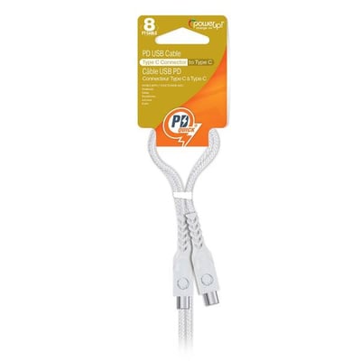 Power Up 8ft Braided Cable-USB C to USB C, White-White