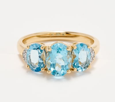 Vault Discoveries Mozambique Aqua 3 Stone Oval Ring, 14K Gold