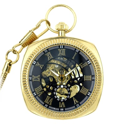 Infinity Leather Unisex Mechanical Golden Vintage Skeleton Square Open-Face Pocket Watch - Gold - One Size