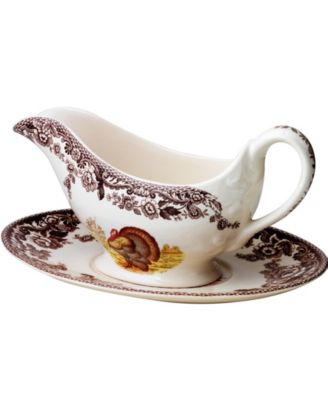 Spode Woodland Turkey Gravy Boat & Stand