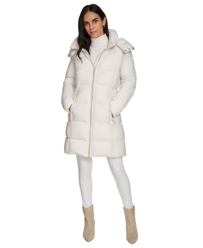 Calvin Klein Women's Hooded Faux-Fur-Lined Midi Puffer Coat - Eggshell