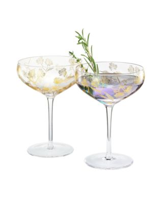 The Wine Savant Vintage Floral-Etched Champagne Coupe Glasses, Set of 2 - Clear