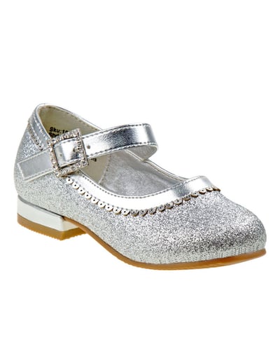 Josmo Toddler Dress Glitter Mary Jane Wedding Party Heels Flower Shoes with Hook and Loop Buckle – Silver Glitter