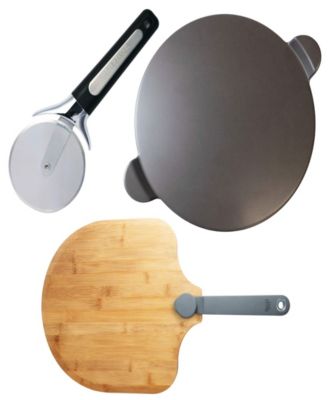 Old Stone 3pc Glazed Pizza Stone Set. Set includes 15" Glazed Pizza Stone, 14" X 16" Real Peel, and a 3.5" Pizza Cutter Set - Gray