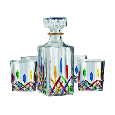 Godinger Silver 5pc Venice Whiskey Decanter Set: Crystal, Hand Wash, Dishwasher-Safe, Service for 4, Includes Glasses