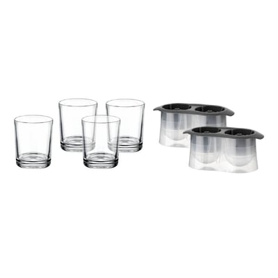 Godinger Silver 6pc Chateau Chiller Set: Crystal Drinkware, 4 Double Old-Fashioned Glasses & Ice Mold, Dishwasher-Safe