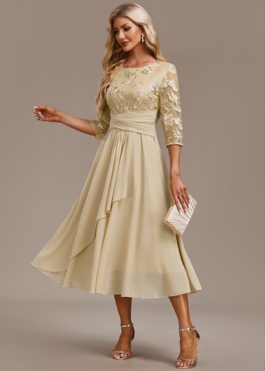 Modlily Champagne Embroidery Cocktail Dress 3/4 Sleeve Round Neck Dress Wedding Guest Dress - L