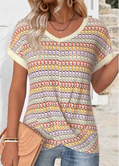 Modlily Multi Color Short Sleeve Hollowedout T Shirt - M